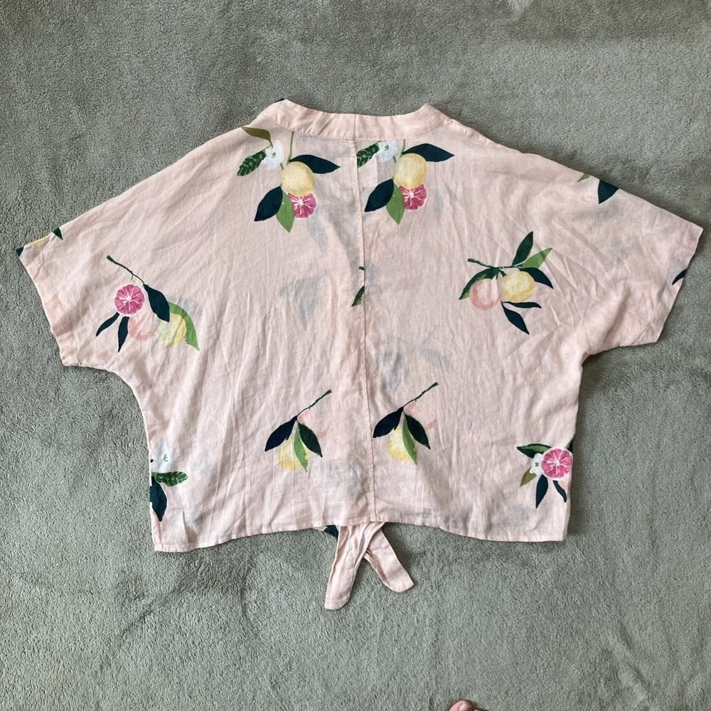 Rails Top Womens Large Pink Floral Lemon Linen Blend Tie Up Beachy Coastal‎